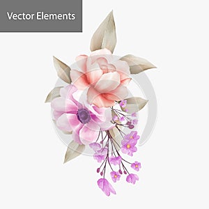 Cute watercolor flowers arrangements graphic elements. Vector for wedding or greeting cards composition