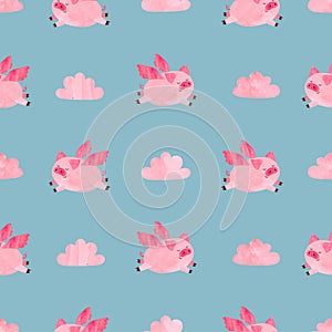 Cute watercolor flying pigs seamless pattern