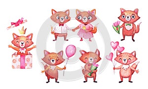 Cute watercolor foxes for birthday party. Set of characters on white. Animals for celebrations