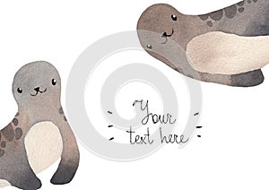 Cute watercolor friendly seal, pinniped. Kawaii illustration for children prints.