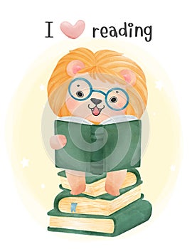 Cute watercolor happy nerd kid lion reading book and sitting on book stacked, back to school cartoon animal watercolor vector