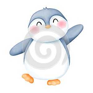 Cute watercolor happy penguin illustration. Charming winter penguin clipart