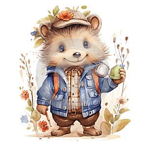 Cute watercolor hedgehog with clothes illustration, woodland animals clipart