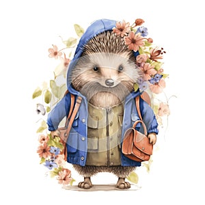 Cute watercolor hedgehog with clothes illustration, woodland animals clipart