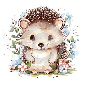 Cute watercolor hedgehog with floral plants illustration, woodland animals clipart