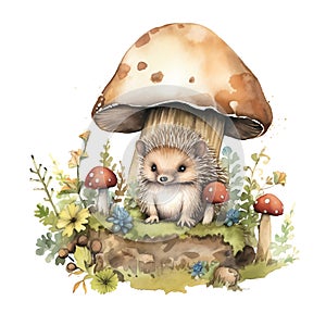 Cute watercolor hedgehog with floral plants illustration, woodland animals clipart