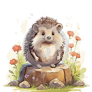 Cute watercolor hedgehog with floral plants illustration, woodland animals clipart