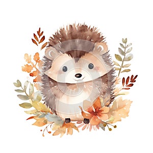 Cute watercolor hedgehog with floral plants illustration, woodland animals clipart