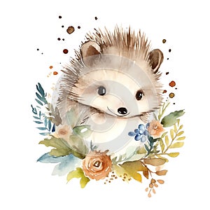 Cute watercolor hedgehog with floral plants illustration, woodland animals clipart