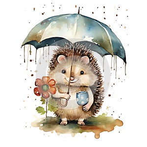 Cute watercolor hedgehog with umbrella illustration, woodland animals clipart