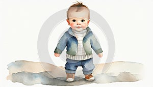Cute watercolor illustration of baby boy standing, in warm clothes. Happy childhood, toddler portrait