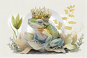 Cute watercolor illustration a funny frog with a golden crown