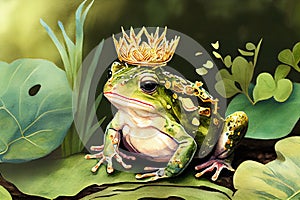 Cute watercolor illustration a funny frog with a golden crown