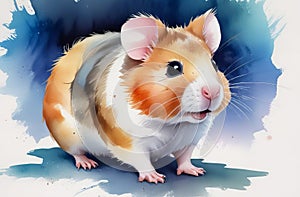 Cute watercolor illustration of a hamster with a dynamic blue background