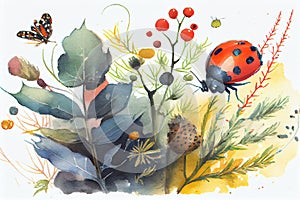 Cute watercolor illustration of a ladybug and butterfly making friends in the garden