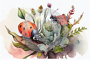 Cute watercolor illustration of a ladybug and butterfly making friends in the garden