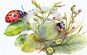 Cute watercolor illustration of a ladybug and butterfly making friends in the garden