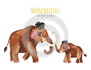 Cute watercolor illustration with mammoths