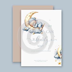 Cute watercolor invitation card. We can bearly wait. Its a girl, Its a boy card with sleeping bear on moon and cloud.