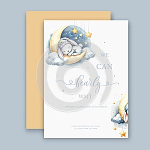 Cute watercolor invitation card. We can bearly wait. Its a girl, Its a boy card with sleeping bear on moon and cloud.