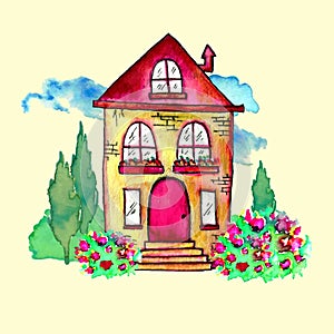 Cute watercolor landscape with house and garden. Sweet home concept. Hand painted card with happy house, blue clouds