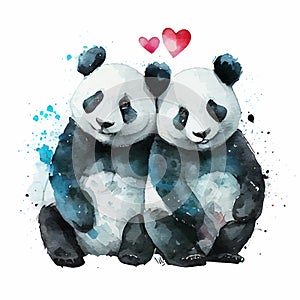 Cute Watercolor Lovely Panda with Heart on white background Generative AI