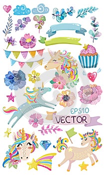 Cute watercolor magic unicorn with flowers