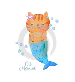 Cute Watercolor Meow-maid Ginger Purr-maid Cat Mermaid.