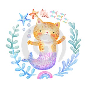 Cute Watercolor Meow-maid Purr-maid Cat Mermaid. Little Kitty Mermaid in a Kiddish Style photo