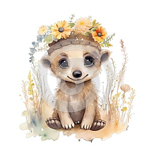 Cute watercolor merkat with flowers and boho plants illustration