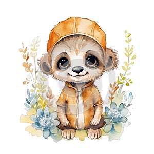 Cute watercolor merkat with flowers and boho plants illustration