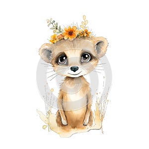 Cute watercolor merkat with flowers and boho plants illustration