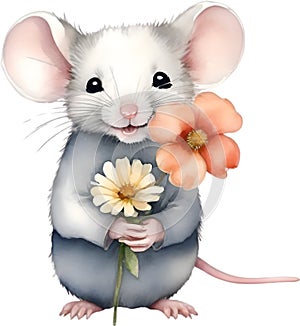 Cute watercolor mouse with flowers. Ai-Generated.