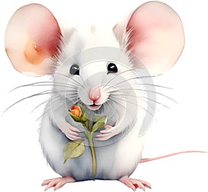 Cute watercolor mouse with flowers. Ai-Generated.