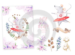 Cute watercolor Mouses birthday greeting cards, posters for baby room, baby shower, invite, kids and baby t-shirts and wear. Hand