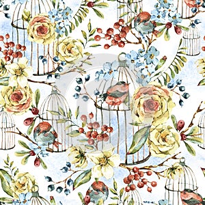 Cute watercolor natural floral seamless pattern with birds