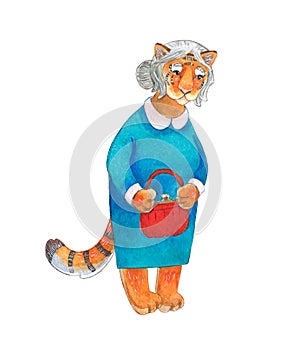 Cute watercolor old tigress character