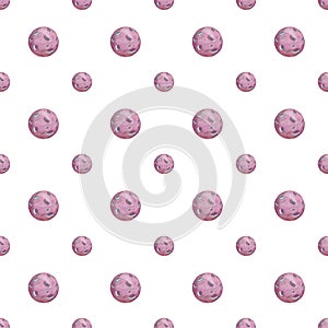 Cute watercolor pattern with fantasy cartoon pink planets on the space background, cosmos texture. Painting colorful kid cosmic