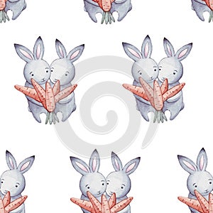 Cute watercolor pattern funny cartoon little bunny with orange carrot isolated on white. Easter repeating background with bunnies.