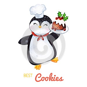 Cute watercolor penguin with Christmas pudding