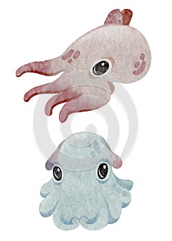 Cute watercolor pink and blue Dumbo octopus. Deep sea creature