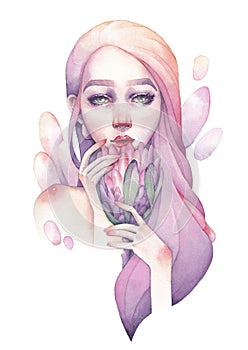 Cute watercolor portrait of a girl holding protea flower photo