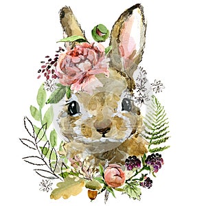 Cute watercolor rabbit. cartoon forest animal illustration.