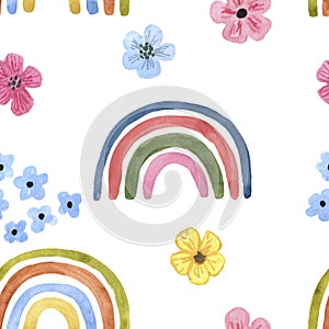 Cute watercolor rainbows and whimsical flowers seamless pattern. Neutral colors simple rainbow illustration on white background