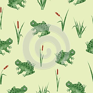 Cute watercolor reed and frog pattern.