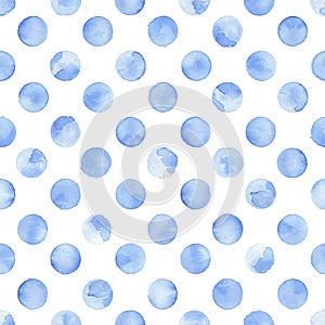 Cute watercolor seamless pattern. Blue circles on a white background drawn by paint on paper. Print for textiles, scrapbooking,