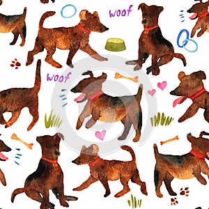 Cute watercolor seamless pattern with dogs and things for there.