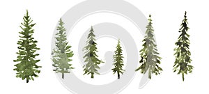 Cute watercolor set of green pine trees for Christmas and New Year decoration. Tree silhouettes illustrations isolated on white ba