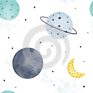 Cute watercolor space seamless pattern with planets, moon and stars isolated on white background. Hand drawn Scandinavian style