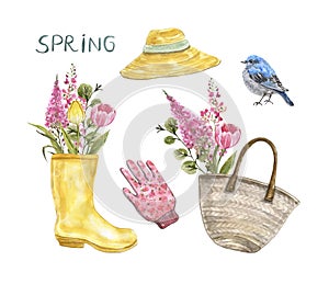 Cute watercolor spring garden set, isolated on white background. Straw hat, yellow rubber rain boots with floral bouquet